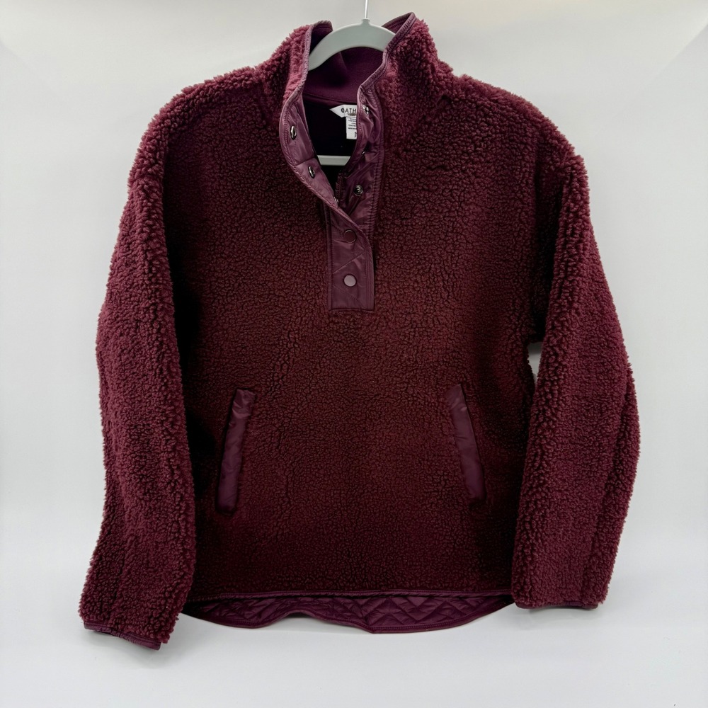 Athleta Cozy Sherpa Snap Sweatshirt Burgundy Quilted Pullover‎ 466888 Small